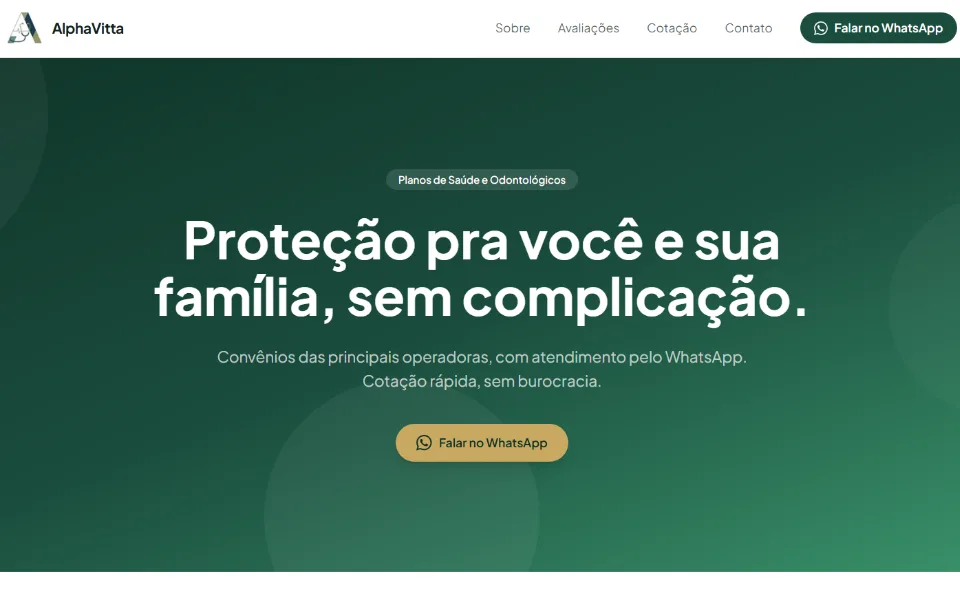 Landing page de corretora de planos de saúde: “Proteção pra você e sua família, sem complicação.”